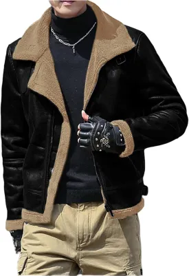 Men's Faux Leather Bomber Jacket Fleece Lined Motorcycle Jacket Vintage Suede Jackets Waterproof Windproof Moto Coat