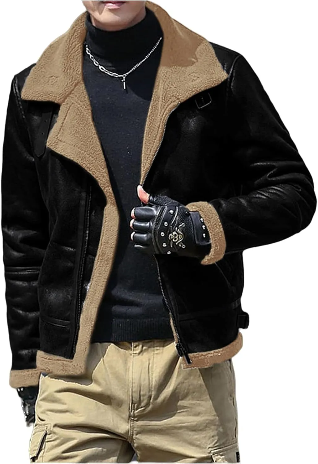 Men's Faux Leather Bomber Jacket Fleece Lined Motorcycle Jacket Vintage Suede Jackets Waterproof Windproof Moto Coat