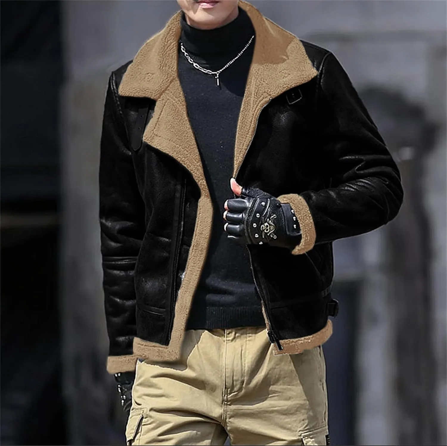 Men's Faux Leather Bomber Jacket Fleece Lined Motorcycle Jacket Vintage Suede Jackets Waterproof Windproof Moto Coat