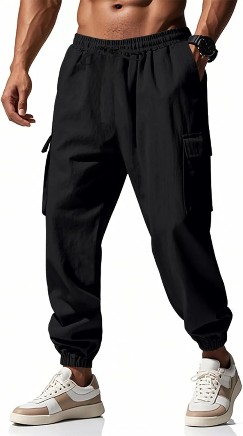 Men's Linen Cargo Pants with Drawstring & Elastic Waist - Casual Beach Summer Pants - Lightweight Work Trousers