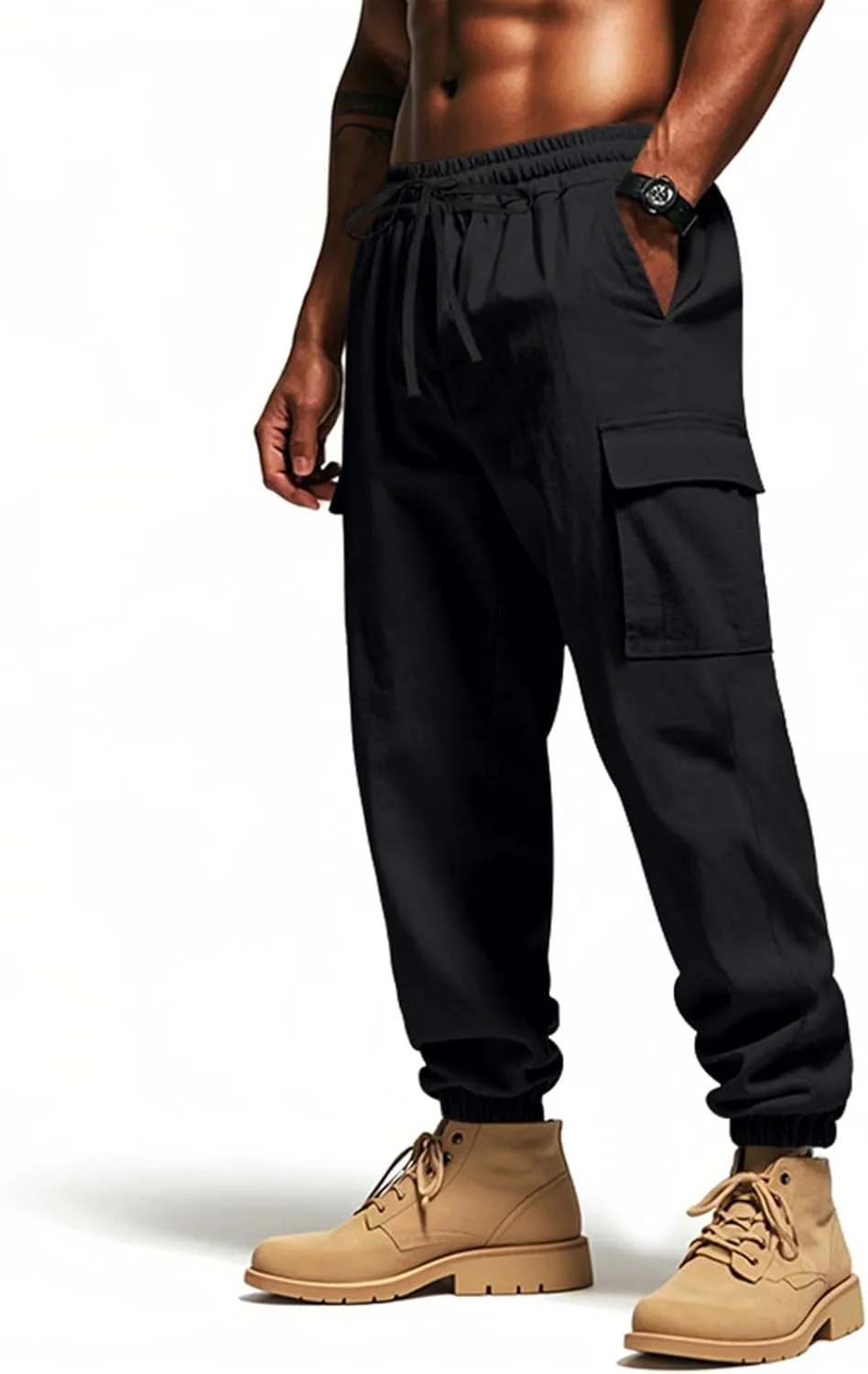 Men's Linen Cargo Pants with Drawstring & Elastic Waist - Casual Beach Summer Pants - Lightweight Work Trousers