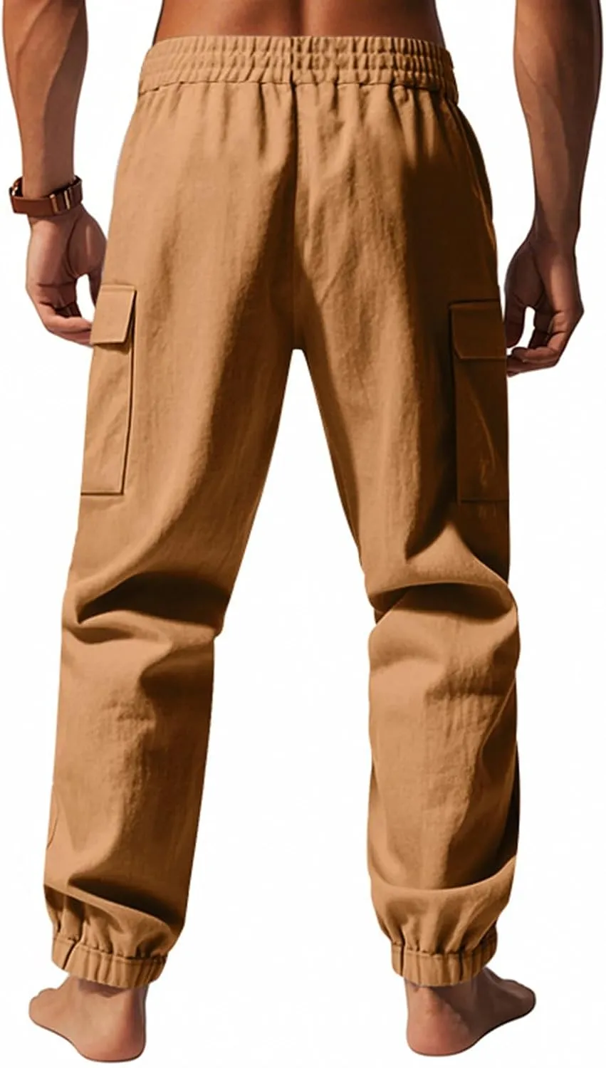 Men's Linen Cargo Pants with Drawstring & Elastic Waist - Casual Beach Summer Pants - Lightweight Work Trousers