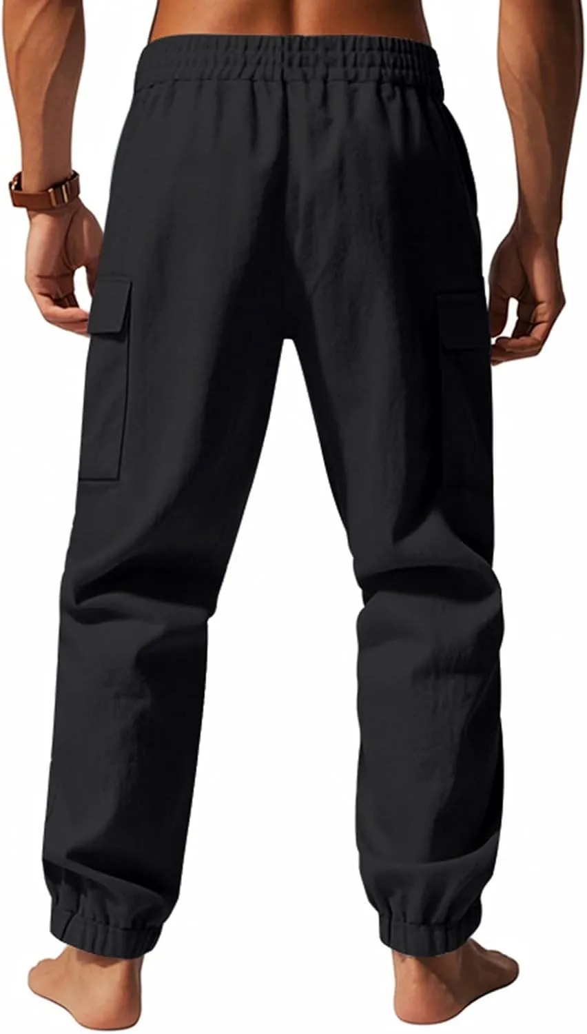 Men's Linen Cargo Pants with Drawstring & Elastic Waist - Casual Beach Summer Pants - Lightweight Work Trousers