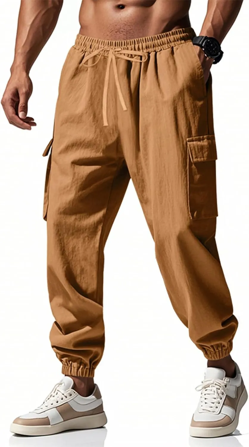 Men's Linen Cargo Pants with Drawstring & Elastic Waist - Casual Beach Summer Pants - Lightweight Work Trousers