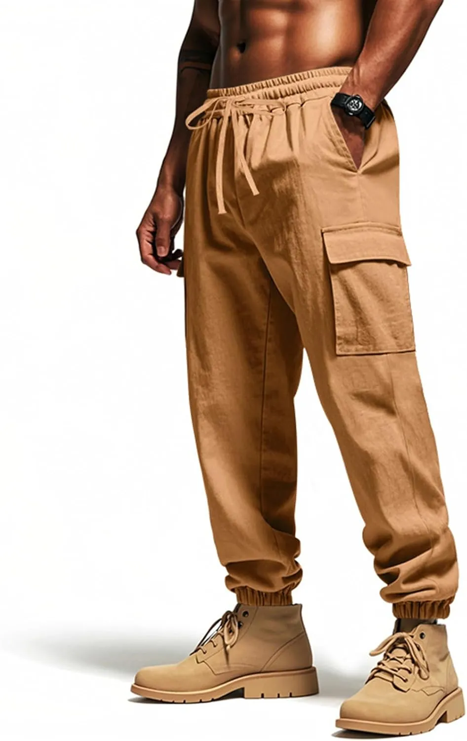 Men's Linen Cargo Pants with Drawstring & Elastic Waist - Casual Beach Summer Pants - Lightweight Work Trousers