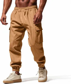 Men's Linen Cargo Pants with Drawstring & Elastic Waist - Casual Beach Summer Pants - Lightweight Work Trousers