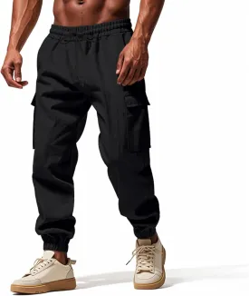 Men's Linen Cargo Pants with Drawstring & Elastic Waist - Casual Beach Summer Pants - Lightweight Work Trousers