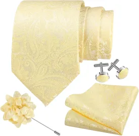 Men's Paisley Tie 3.15"8cm Necktie and Lapel Pin Woven Handkerchief Cufflinks Set for Men