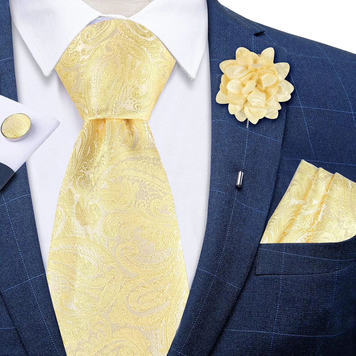 Men's Paisley Tie 3.15"8cm Necktie and Lapel Pin Woven Handkerchief Cufflinks Set for Men