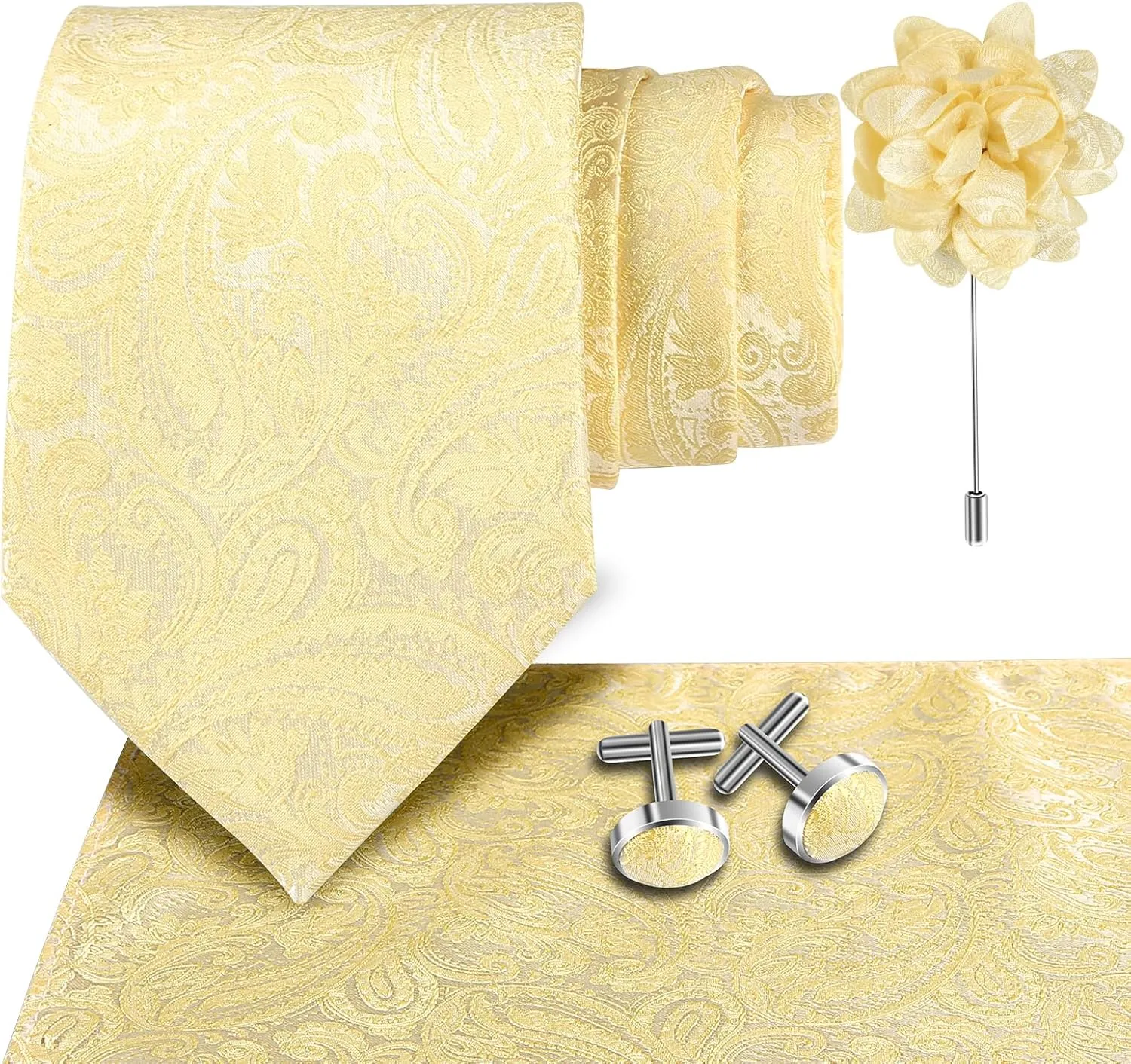 Men's Paisley Tie 3.15"8cm Necktie and Lapel Pin Woven Handkerchief Cufflinks Set for Men