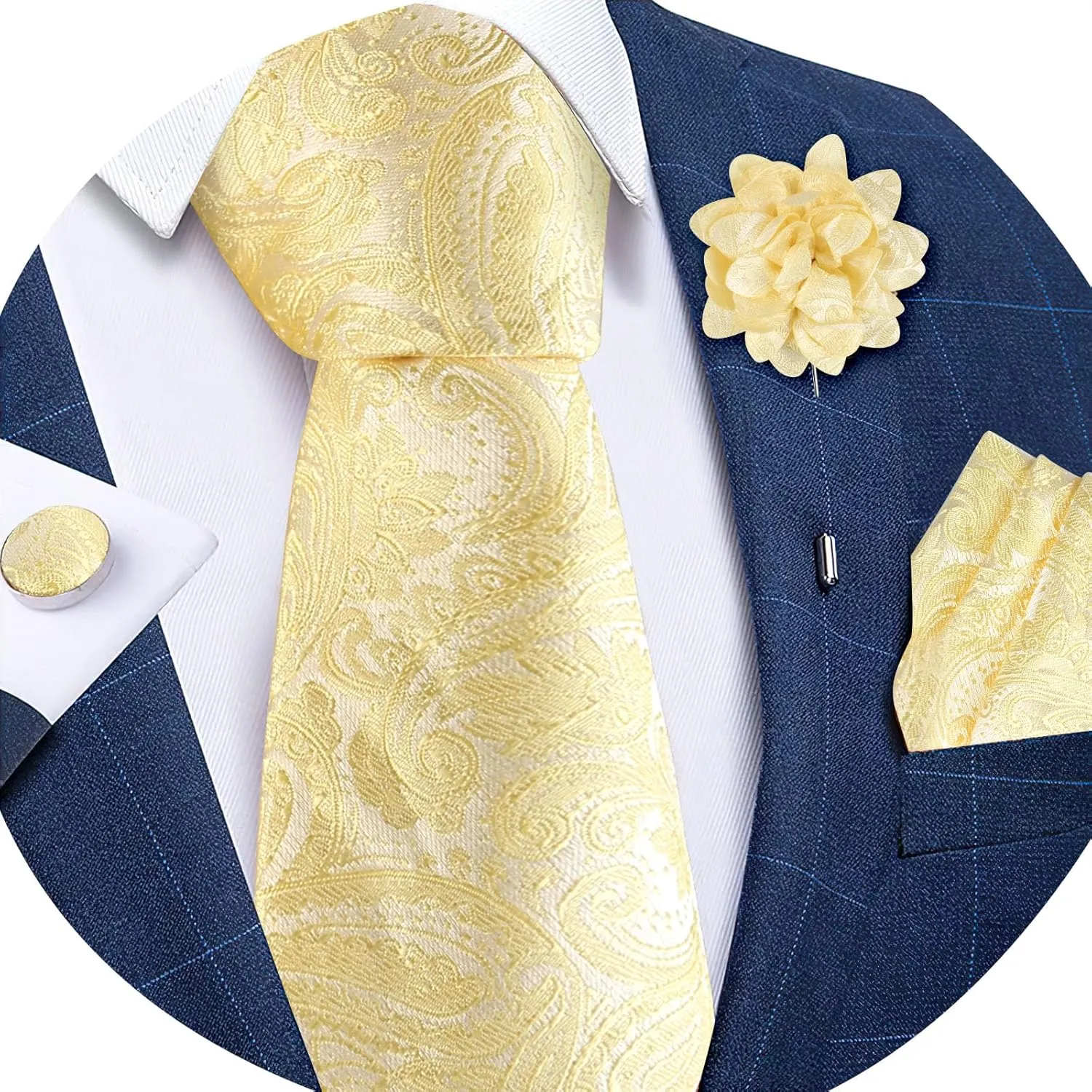 Men's Paisley Tie 3.15"8cm Necktie and Lapel Pin Woven Handkerchief Cufflinks Set for Men