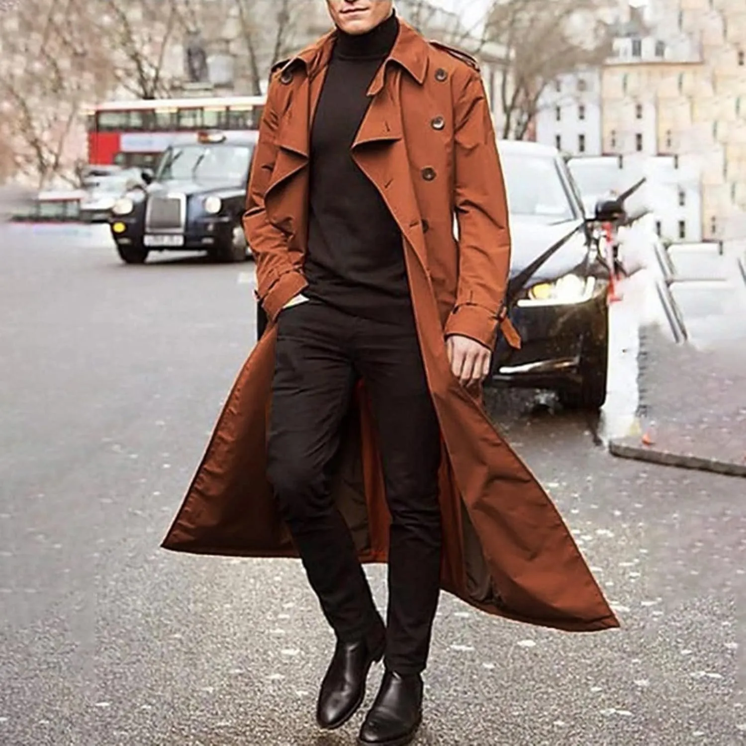 Mens Trench Coats Notched Lapel Double Breasted Full Length Windbreaker Casual Lightweight Thin Belt Jacket Overcoat