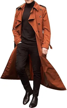 Mens Trench Coats Notched Lapel Double Breasted Full Length Windbreaker Casual Lightweight Thin Belt Jacket Overcoat