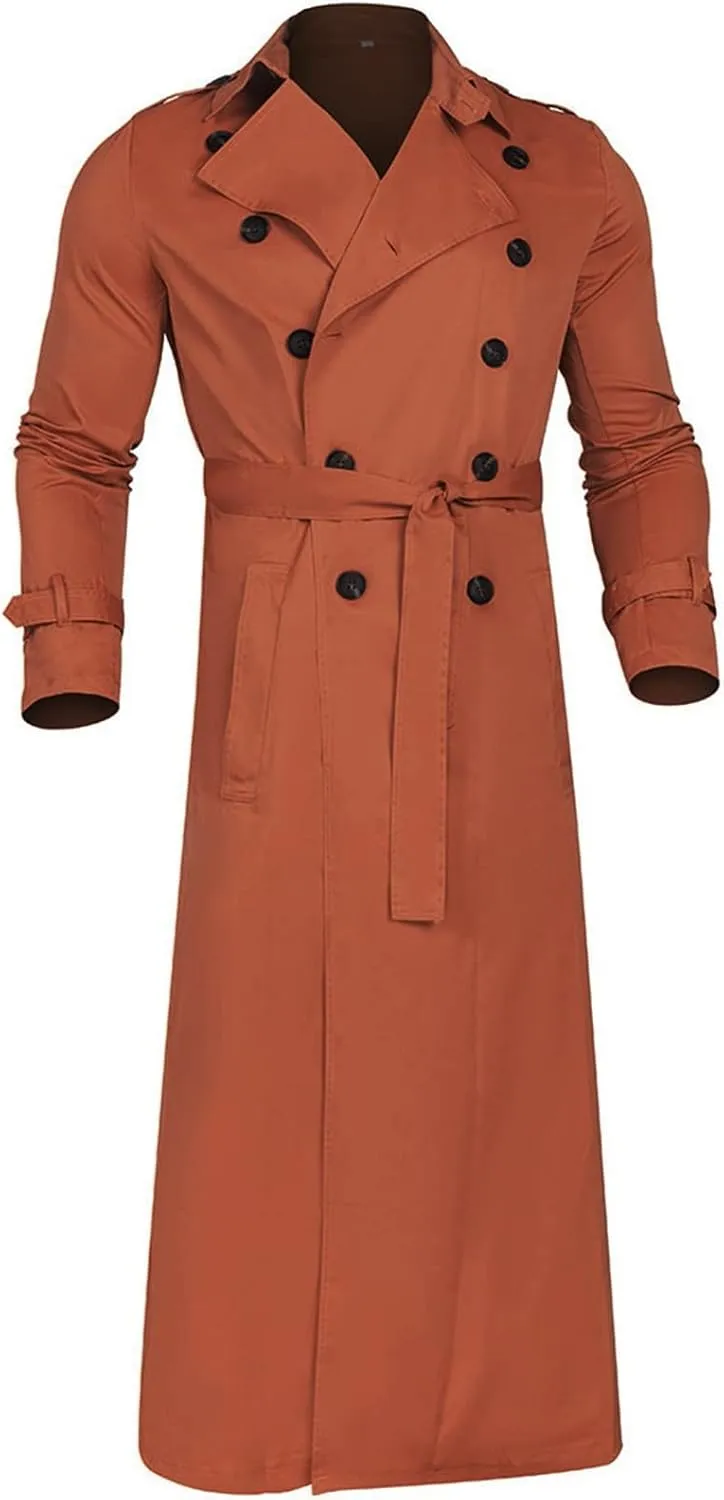 Mens Trench Coats Notched Lapel Double Breasted Full Length Windbreaker Casual Lightweight Thin Belt Jacket Overcoat