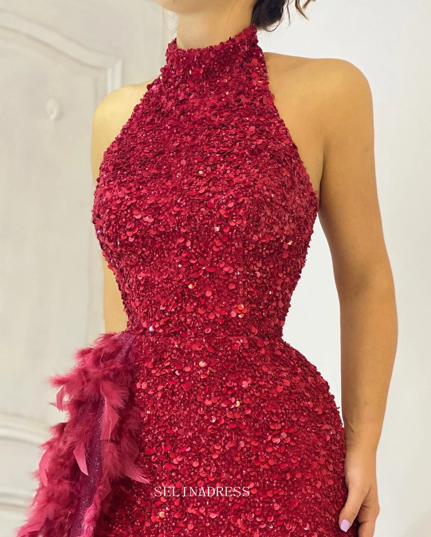Mermaid High Neck Burgundy African Prom Dress Sequins Feather Long Evening Gowns Formal Dress #POL118