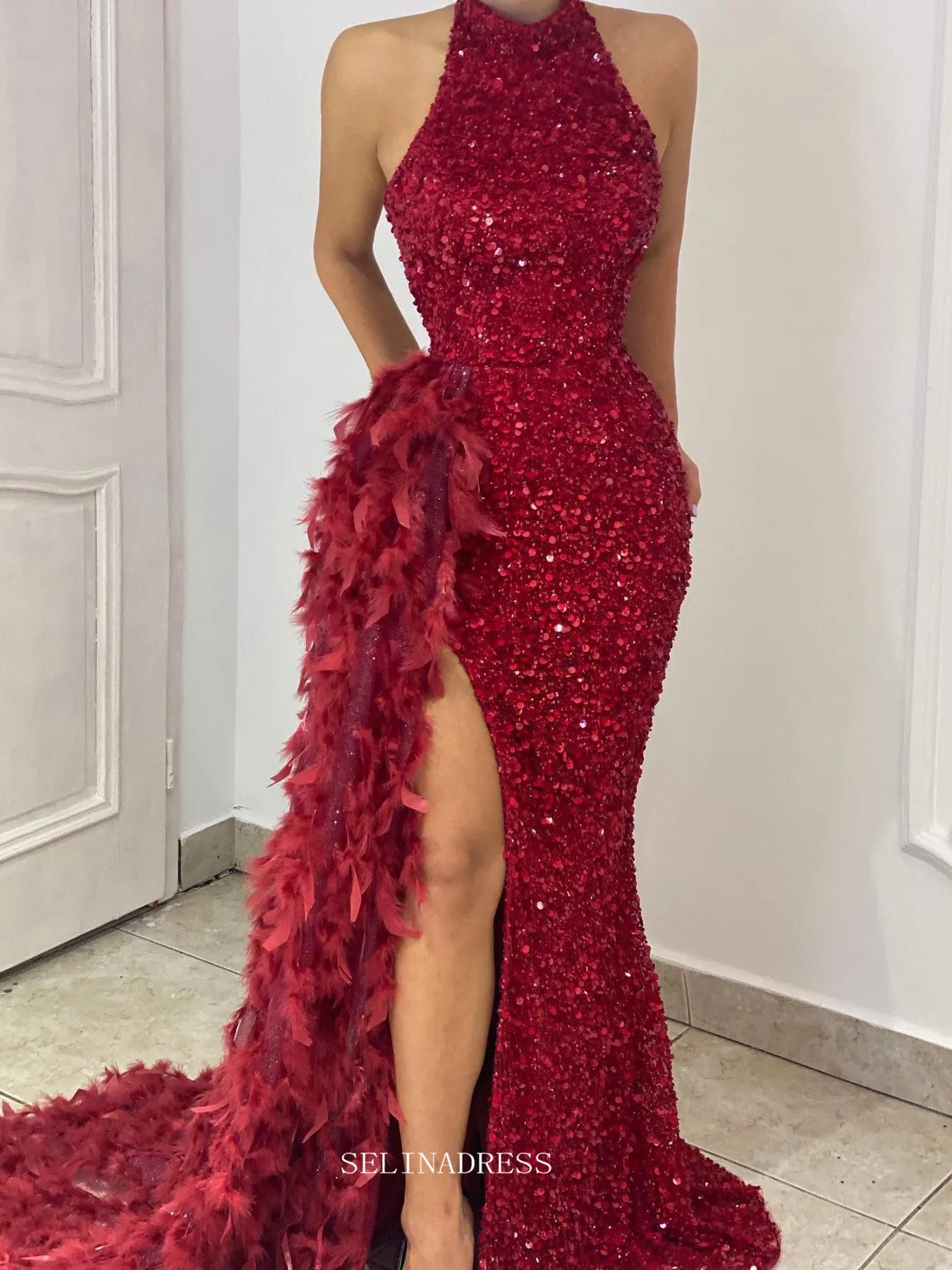 Mermaid High Neck Burgundy African Prom Dress Sequins Feather Long Evening Gowns Formal Dress #POL118