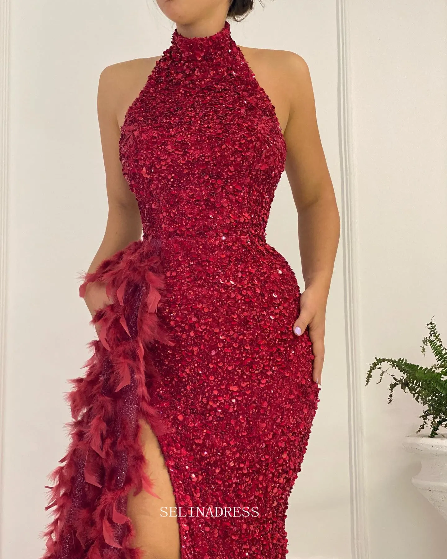 Mermaid High Neck Burgundy African Prom Dress Sequins Feather Long Evening Gowns Formal Dress #POL118