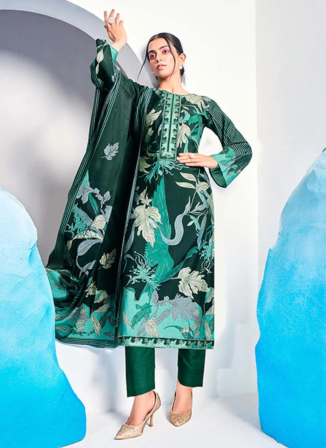 Mumtaz Arts Green Pure Muslin Unstitched Suit Dress Materials for Women