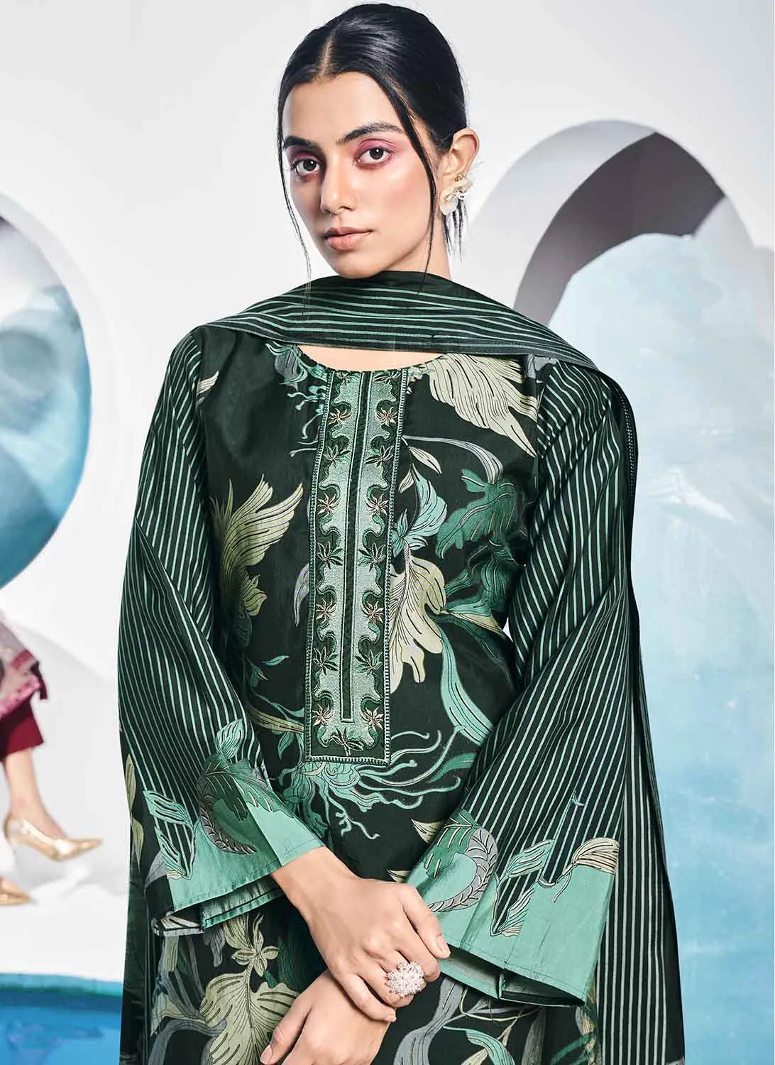 Mumtaz Arts Green Pure Muslin Unstitched Suit Dress Materials for Women