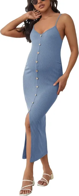 OYOANGLE Women's Maternity Cami Dress Split Hem Rib Knit Buttoned Sleeveless Long Bodycon Slip Dresses