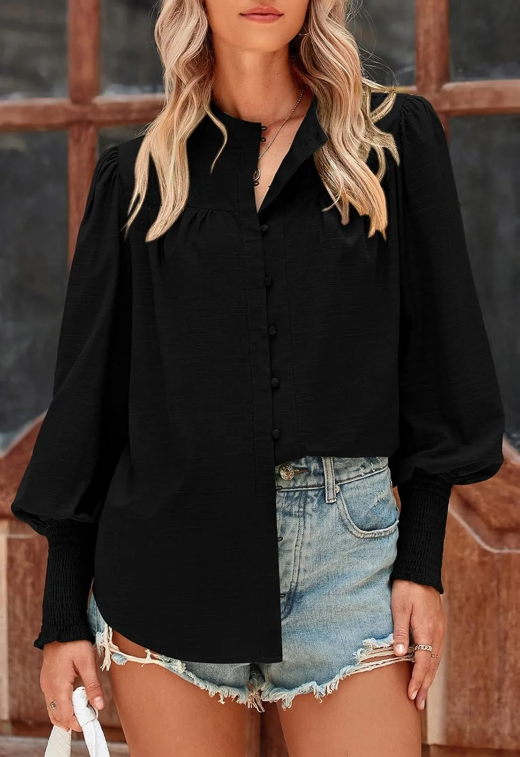 PRETTYGARDEN Womens Spring Long Sleeve Tops Dressy Casual Button Down Smocked Cuffed Office Business Work Blouses Shirts