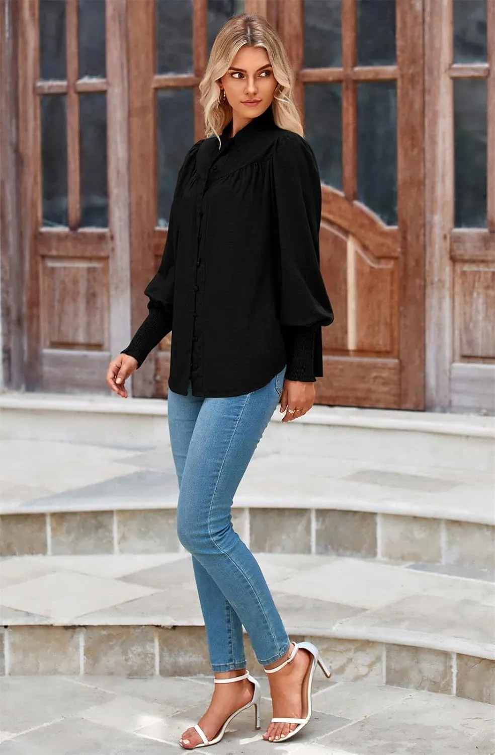 PRETTYGARDEN Womens Spring Long Sleeve Tops Dressy Casual Button Down Smocked Cuffed Office Business Work Blouses Shirts