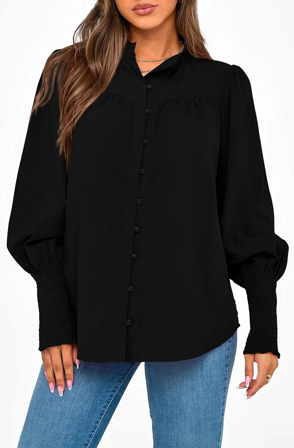 PRETTYGARDEN Womens Spring Long Sleeve Tops Dressy Casual Button Down Smocked Cuffed Office Business Work Blouses Shirts