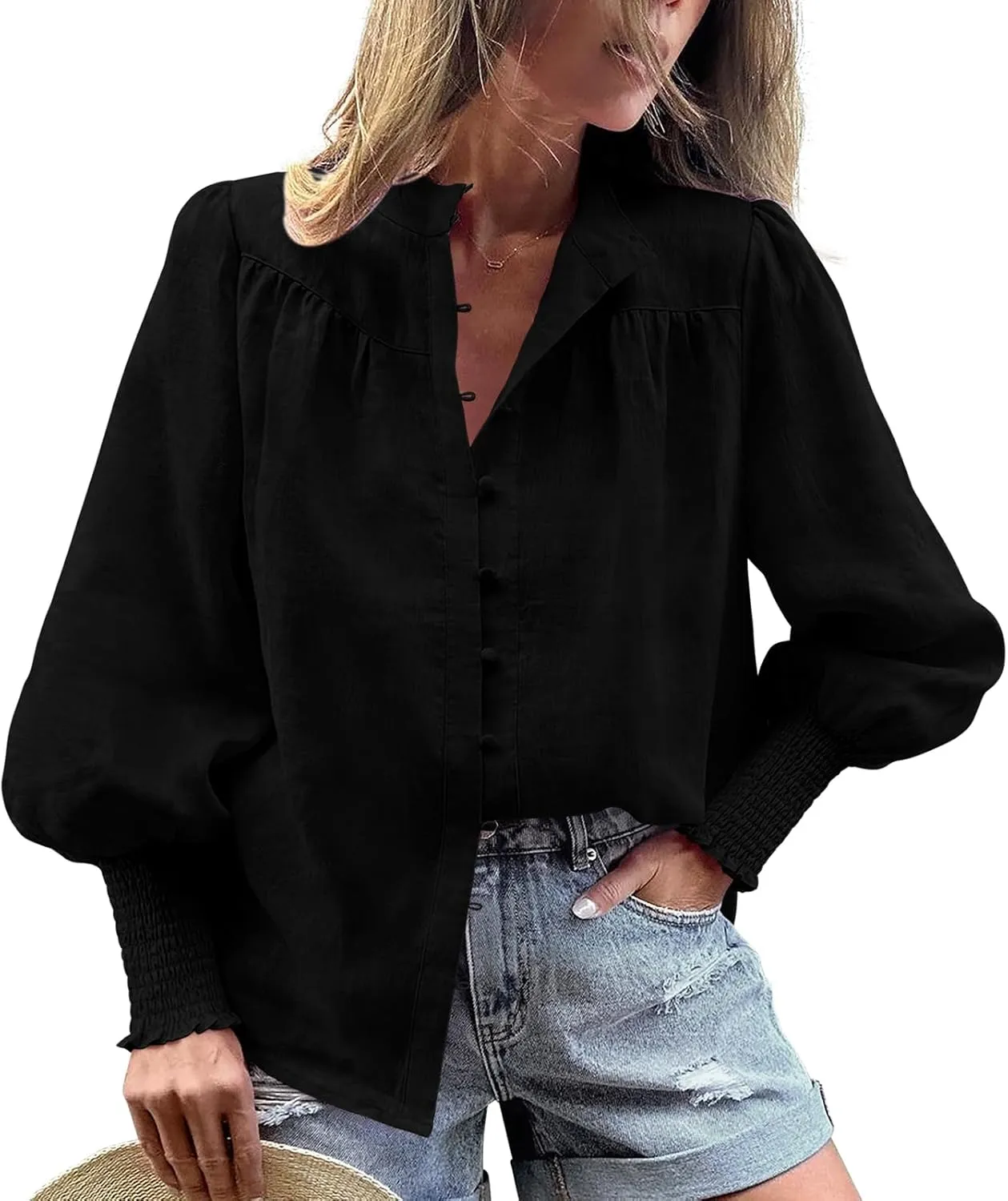 PRETTYGARDEN Womens Spring Long Sleeve Tops Dressy Casual Button Down Smocked Cuffed Office Business Work Blouses Shirts