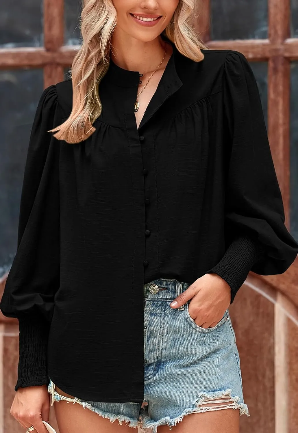 PRETTYGARDEN Womens Spring Long Sleeve Tops Dressy Casual Button Down Smocked Cuffed Office Business Work Blouses Shirts