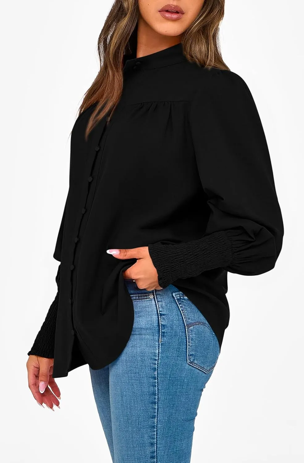 PRETTYGARDEN Womens Spring Long Sleeve Tops Dressy Casual Button Down Smocked Cuffed Office Business Work Blouses Shirts