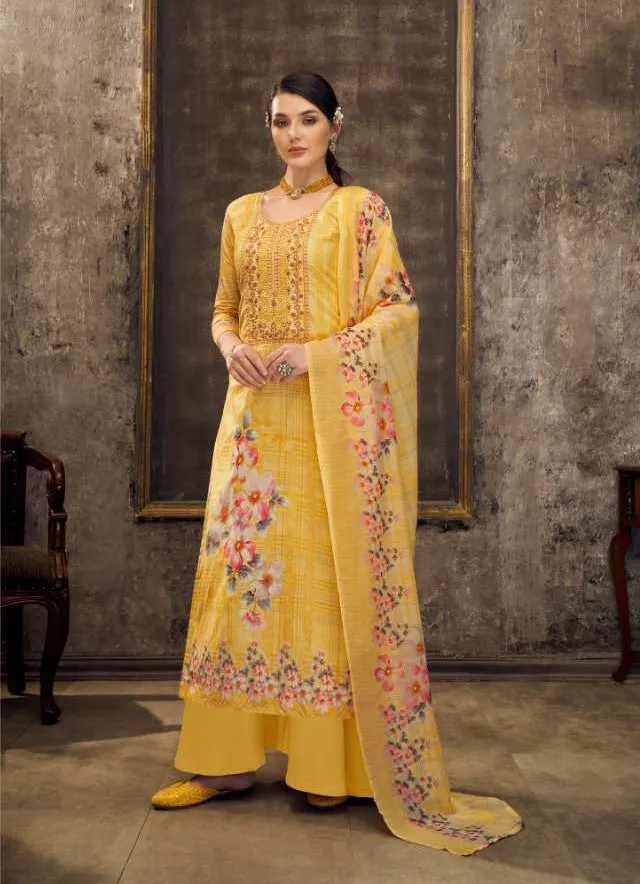 Pure Cotton Unstitched Yellow Suit Set Dress Material With Embroidery