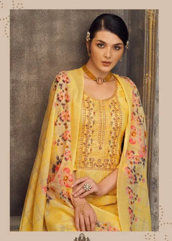 Pure Cotton Unstitched Yellow Suit Set Dress Material With Embroidery
