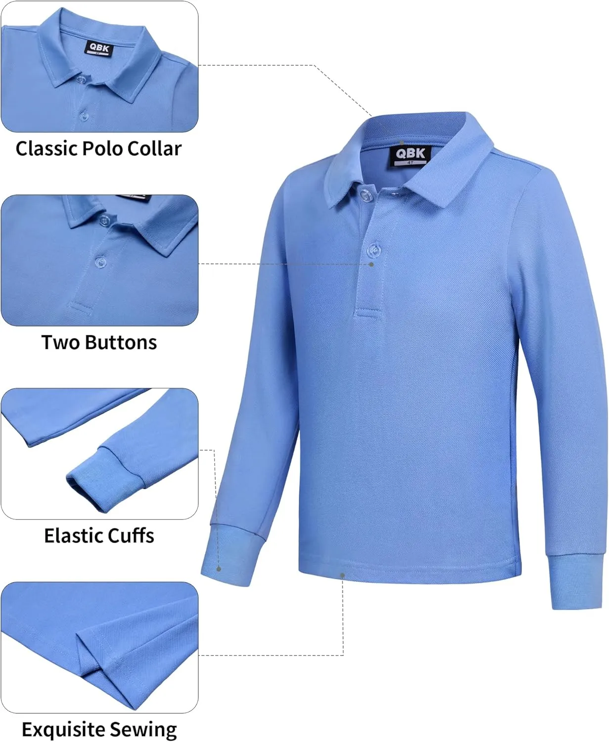 QBK Toddler to Youth Boys' School Uniform Pique Polo Shirts Kids Long Sleeve Collared Golf Shirt