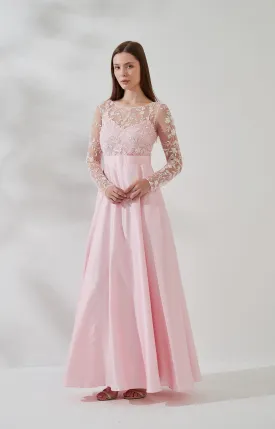 Round Neck Appliquéd Tulle Long Sleeve A-Line Dress with Pockets