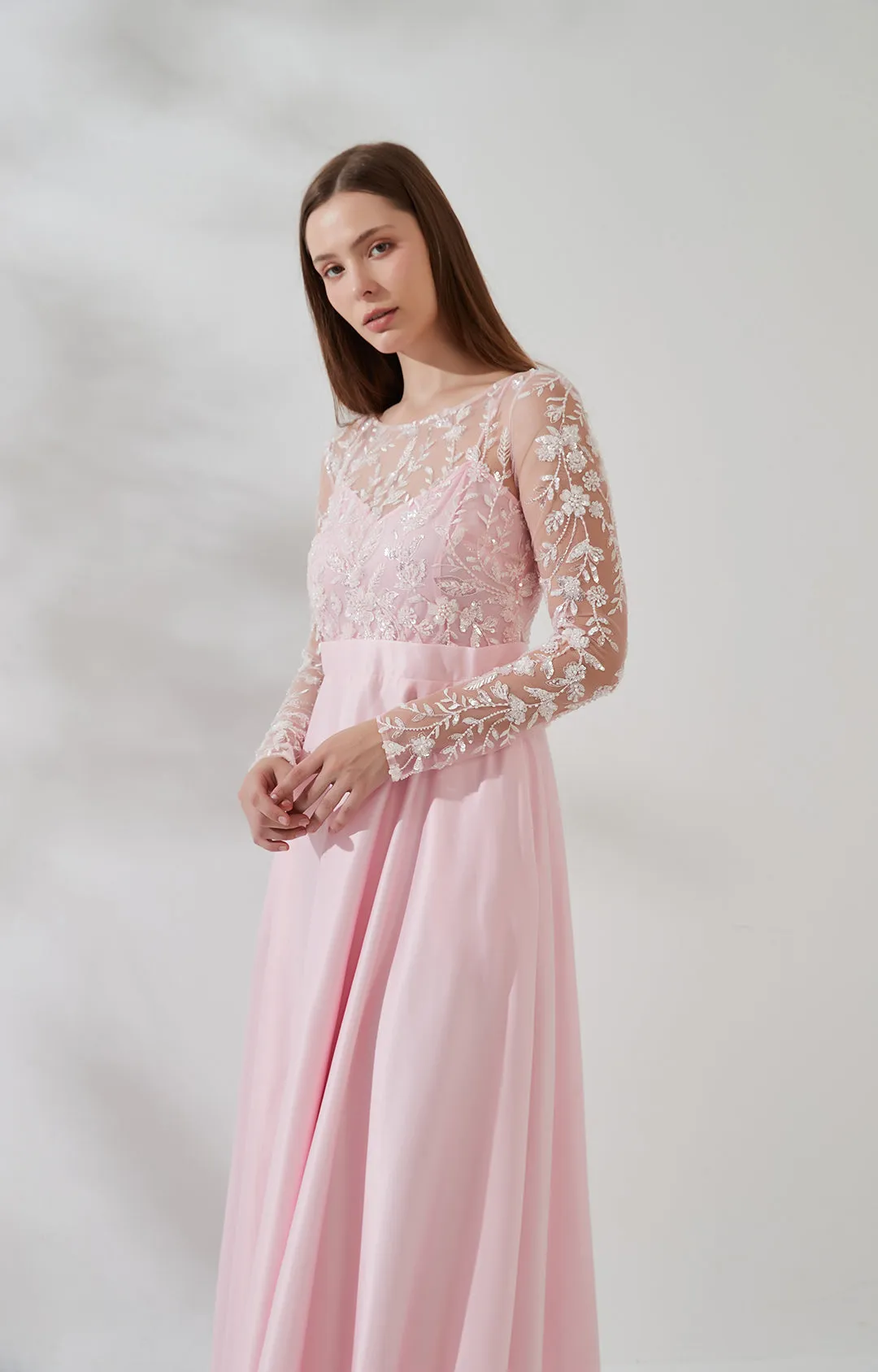Round Neck Appliquéd Tulle Long Sleeve A-Line Dress with Pockets