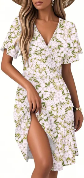 Summer Boho Floral Dresses for Women 2025 Casual V Neck Short Sleeve Flowy Wrap Dress A-Line Midi Vacation Beach Sundress