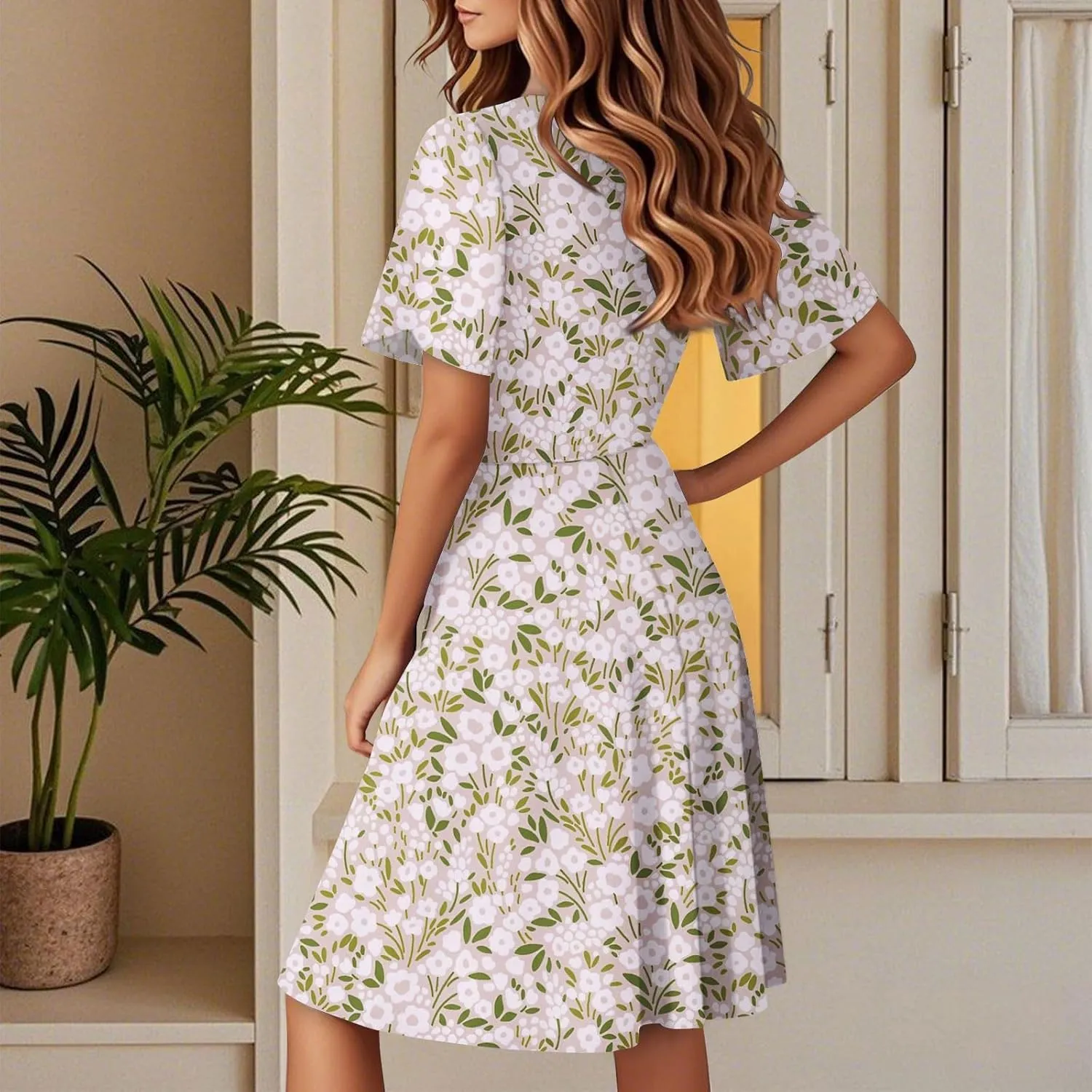 Summer Boho Floral Dresses for Women 2025 Casual V Neck Short Sleeve Flowy Wrap Dress A-Line Midi Vacation Beach Sundress