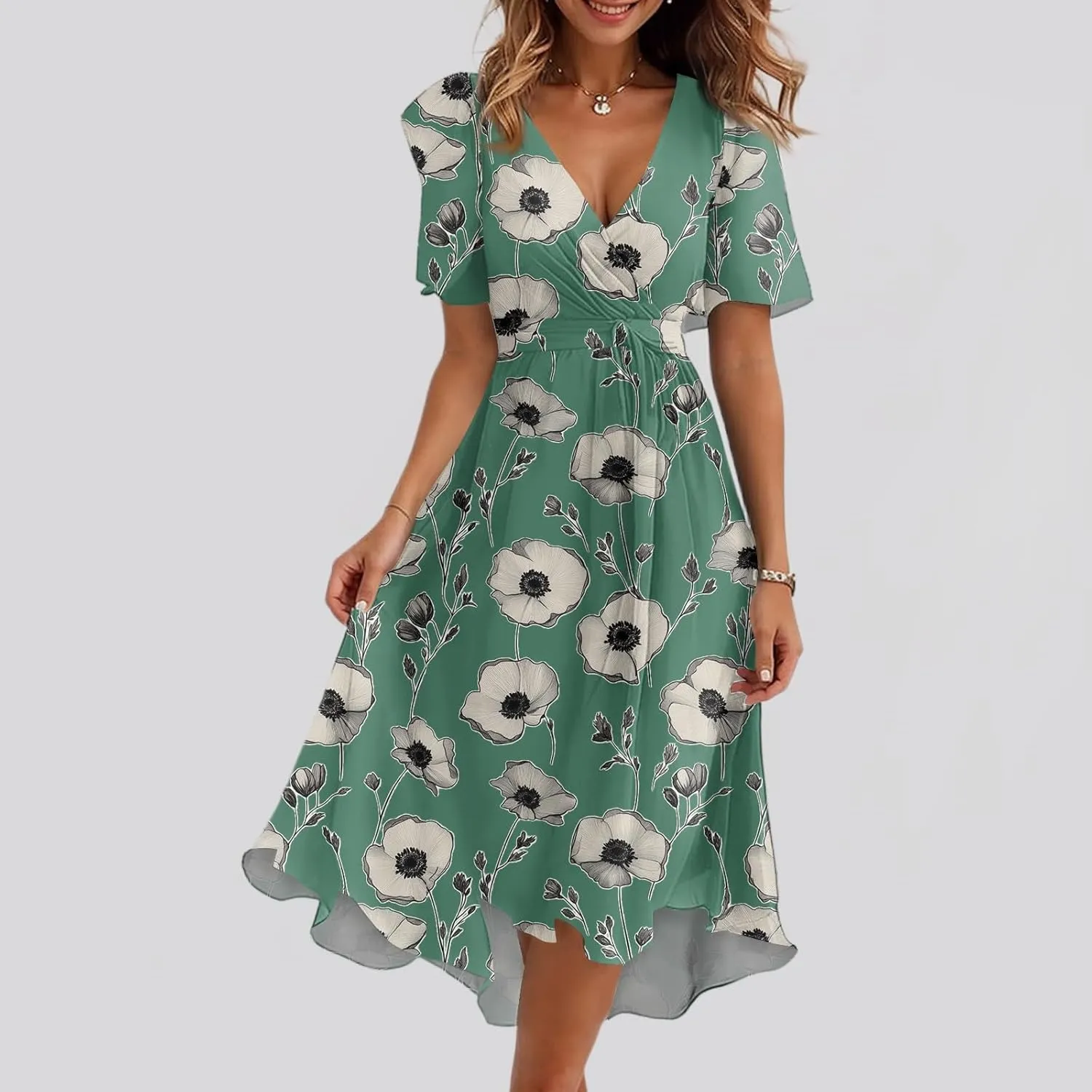 Summer Dresses for Women 2025 Midi Trendy Flowy Swing Short Sleeve V Neck Boho Floral Elegant A Line Dress