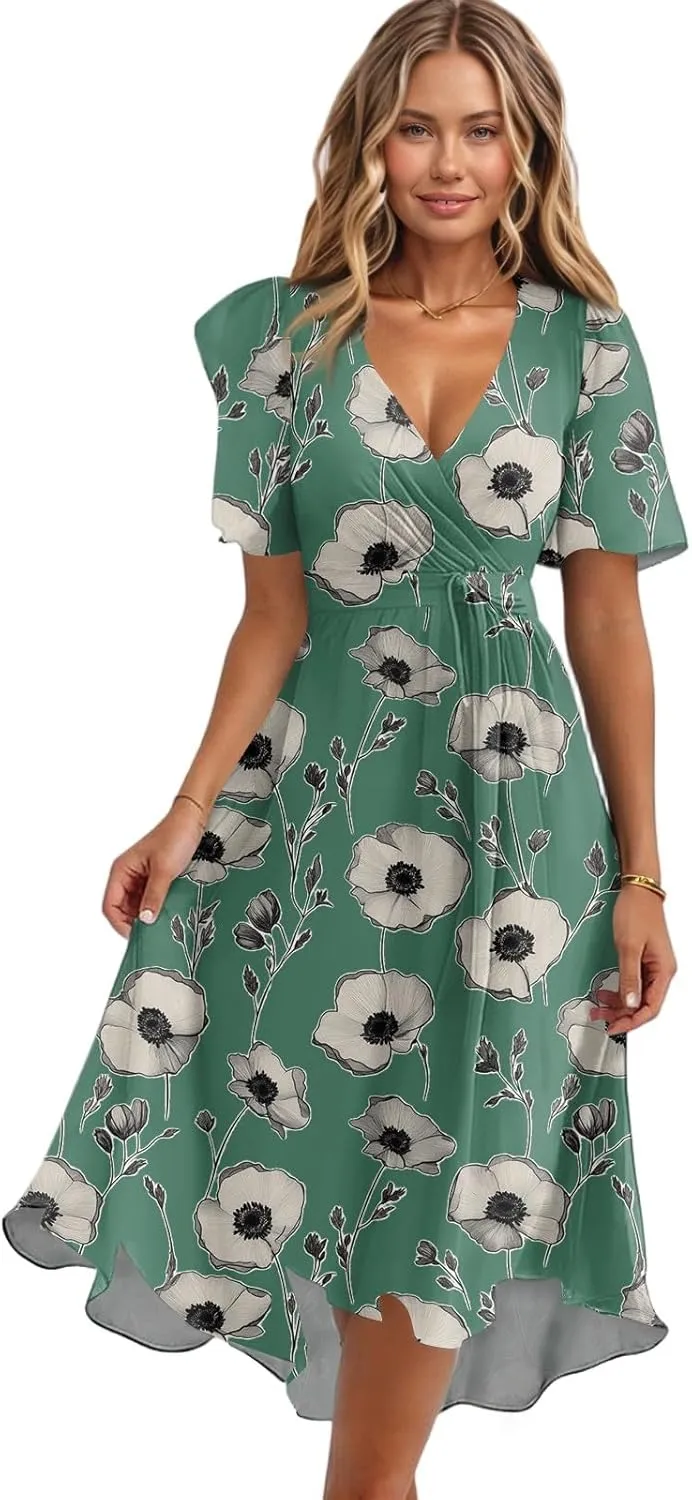 Summer Dresses for Women 2025 Midi Trendy Flowy Swing Short Sleeve V Neck Boho Floral Elegant A Line Dress