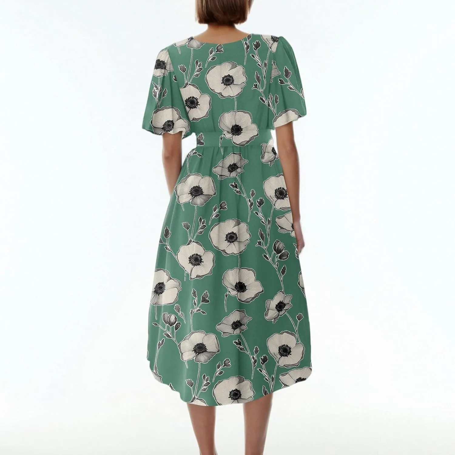 Summer Dresses for Women 2025 Midi Trendy Flowy Swing Short Sleeve V Neck Boho Floral Elegant A Line Dress