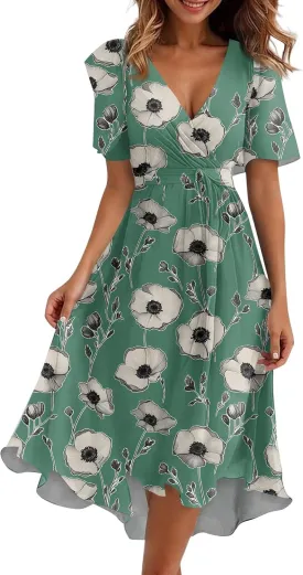 Summer Dresses for Women 2025 Midi Trendy Flowy Swing Short Sleeve V Neck Boho Floral Elegant A Line Dress