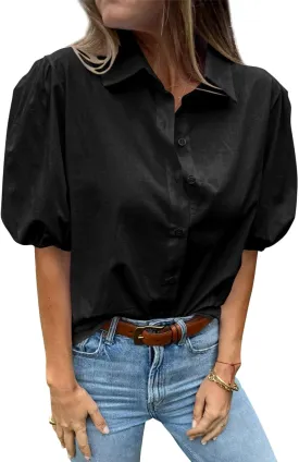 Tankaneo Women's Button Down Shirts Short Puff Sleeve Collared Dressy Casual Blouse Tops