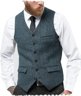 Tuikayoo Mens Herringbone Suits Vests Wool Business Tweed Retro Waistcoats Groomsman Slim Fit