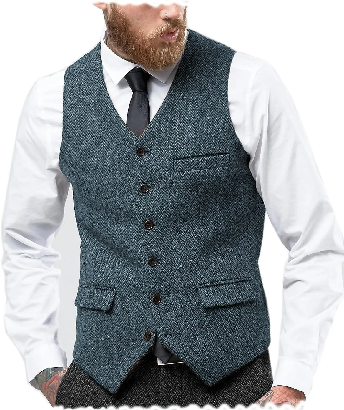 Tuikayoo Mens Herringbone Suits Vests Wool Business Tweed Retro Waistcoats Groomsman Slim Fit