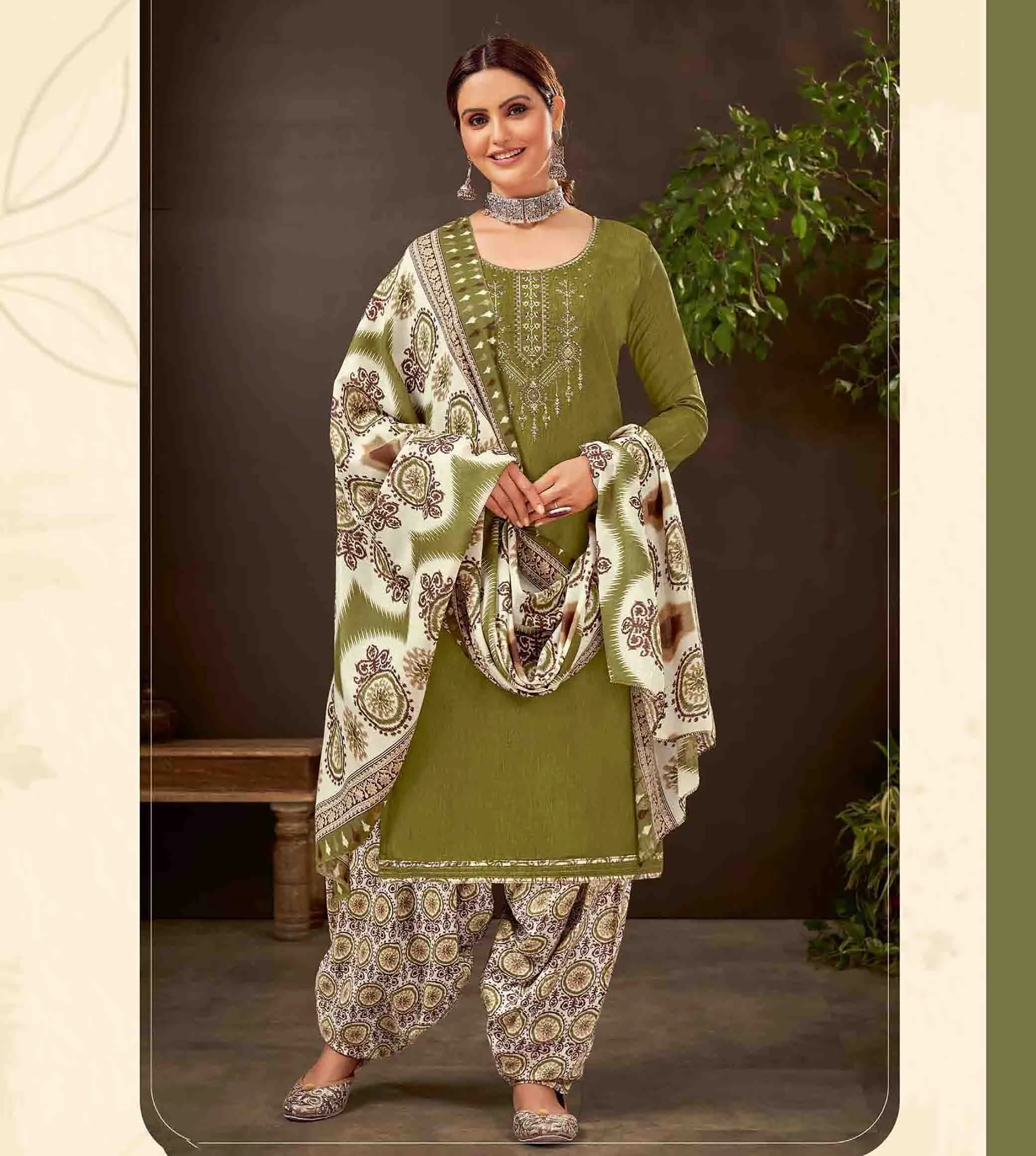 Unstitched Pure Cotton Women Green Punjabi Suit Dress Material