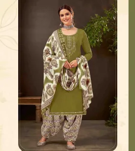 Unstitched Pure Cotton Women Green Punjabi Suit Dress Material