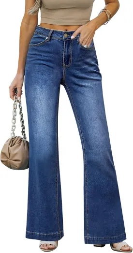 Wide Leg Jeans for Women Mid-Rise Stretchy Baggy Jeans Distressed Denim Pants Trendy