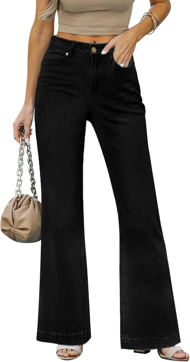 Wide Leg Jeans for Women Mid-Rise Stretchy Baggy Jeans Distressed Denim Pants Trendy
