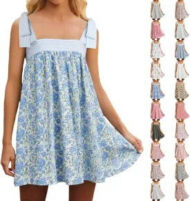 Women Floral Tie Shoulder Mini Dress Summer Cute Square Neck Loose Beach Short Dress Backless Boho Vocation Sundress