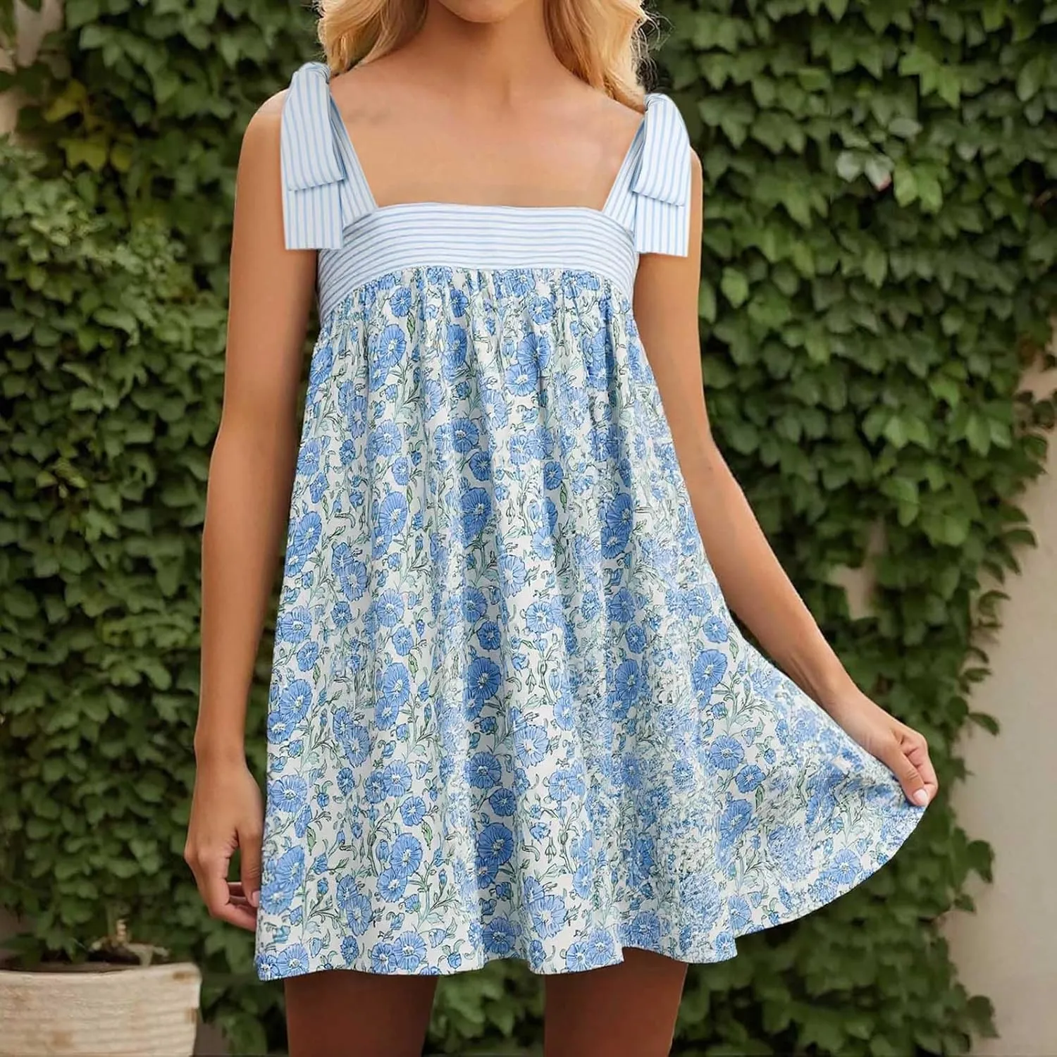 Women Floral Tie Shoulder Mini Dress Summer Cute Square Neck Loose Beach Short Dress Backless Boho Vocation Sundress